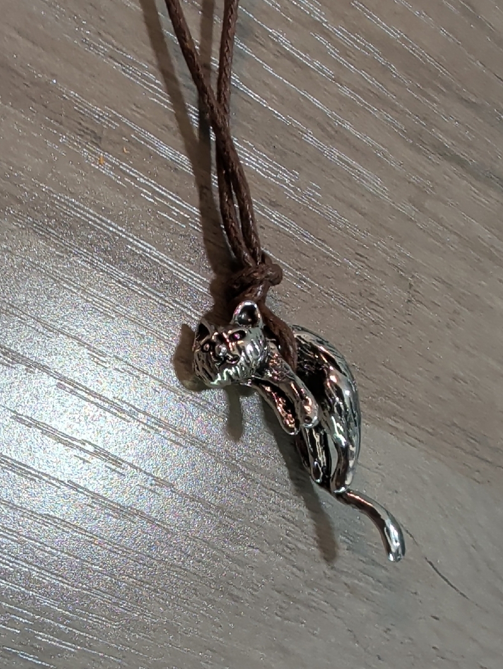 Silver Cat Pendant Necklace with Brown Cord - Picture 5 of 6